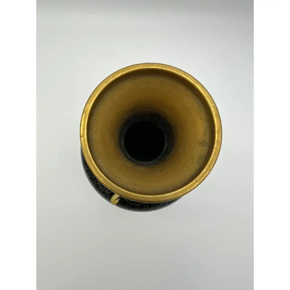 Vintage MCM‎ Black & Gold Chinese Asian Cloisonne Metal Vase 8 1/4
